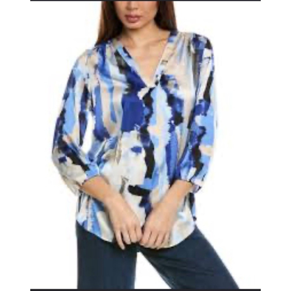 JONES NEW YORK Womens XL Abstract Satin Blouse Blue Beige V Neck Tunic Top